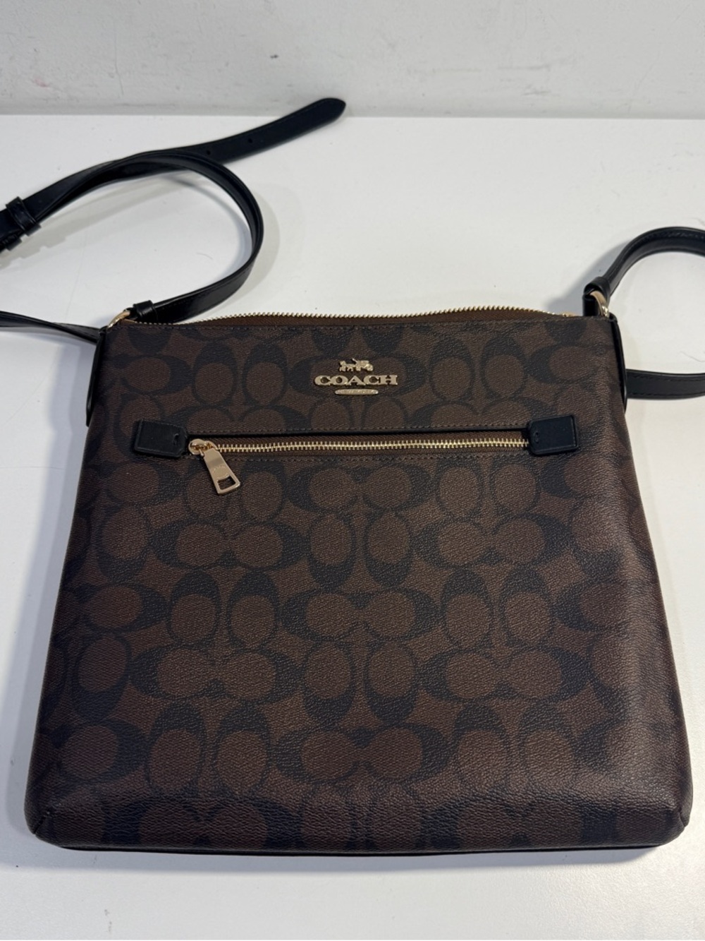 Coach Signature Rowan File Crossbody Shoulder Bag Brown Black Coated Canvas